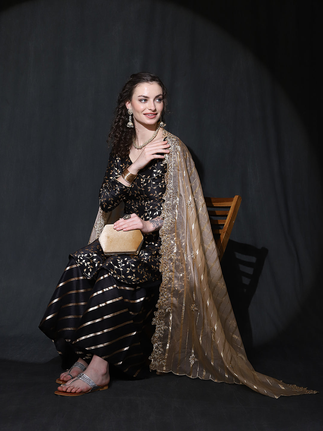 Black Foil Print A-Line Kurta Sharara With Dupatta