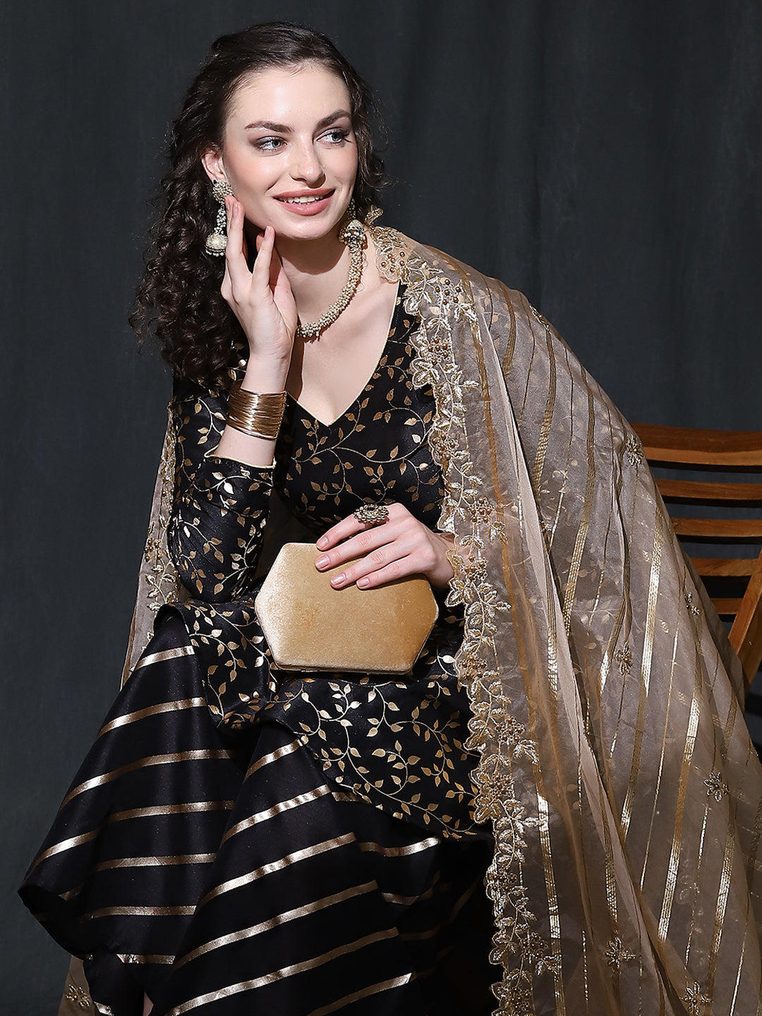 Black Foil Print A-Line Kurta Sharara With Dupatta