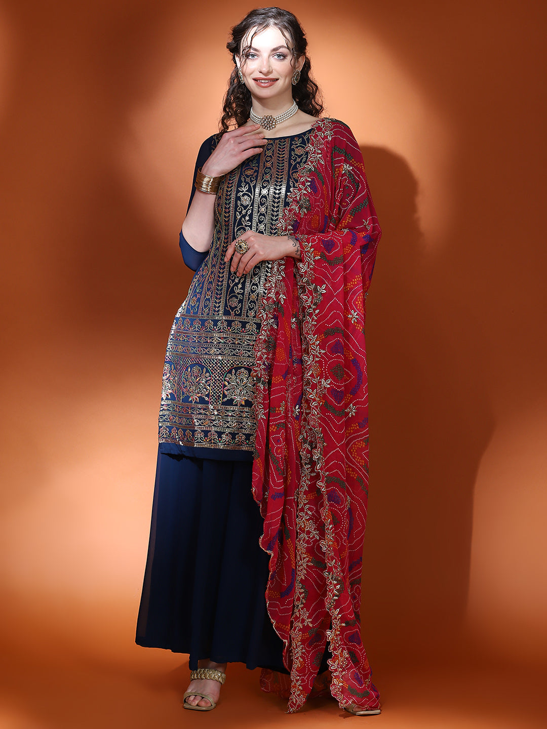 Navy Blue Embellished Straight Kurta Palazzo With Dupatta