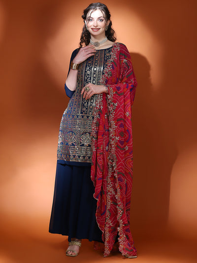 Navy Blue Embellished Straight Kurta Palazzo With Dupatta