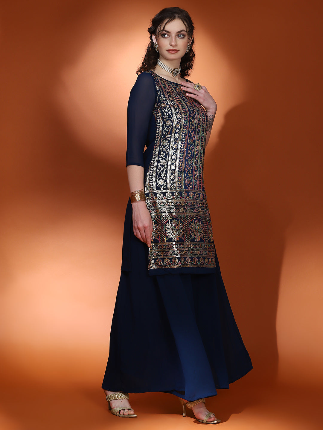 Navy Blue Embellished Straight Kurta Palazzo With Dupatta