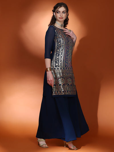 Navy Blue Embellished Straight Kurta Palazzo With Dupatta