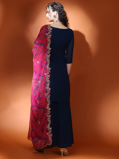 Navy Blue Embellished Straight Kurta Palazzo With Dupatta