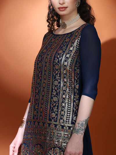 Navy Blue Embellished Straight Kurta Palazzo With Dupatta