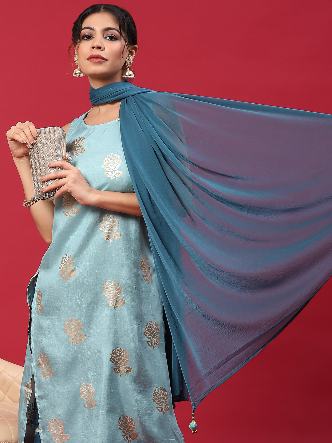 Blue Gold Printed Kurta Palazzo With Dupatta