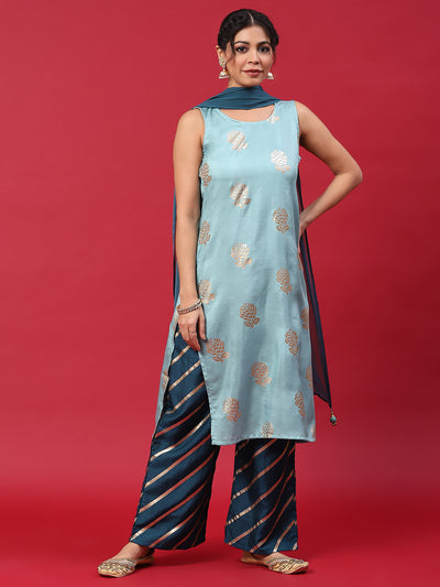 Blue Gold Printed Kurta Palazzo With Dupatta