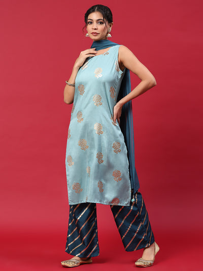 Blue Gold Printed Kurta Palazzo With Dupatta