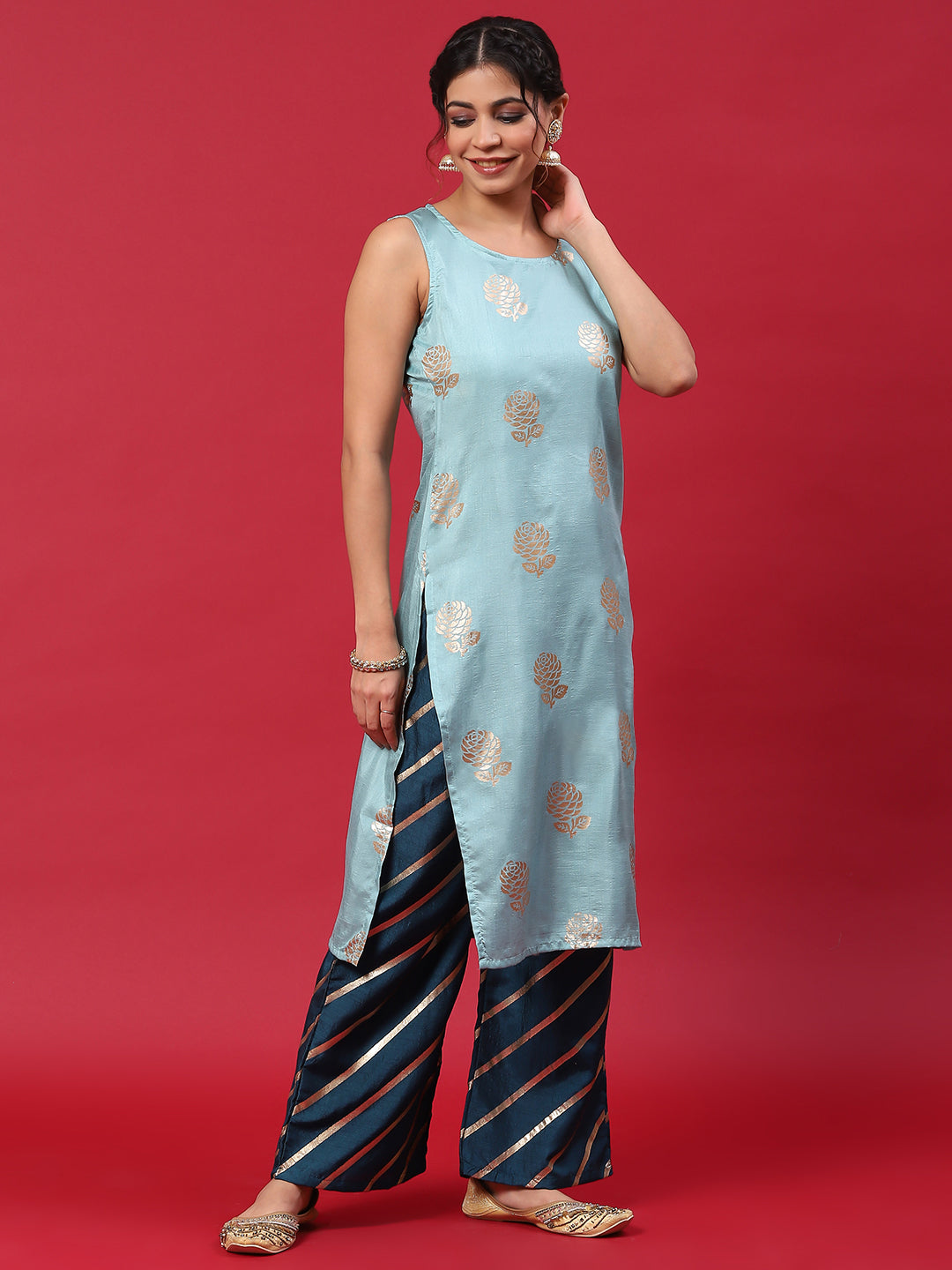 Blue Gold Printed Kurta Palazzo With Dupatta