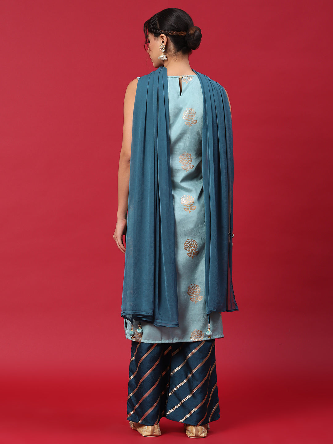 Blue Gold Printed Kurta Palazzo With Dupatta