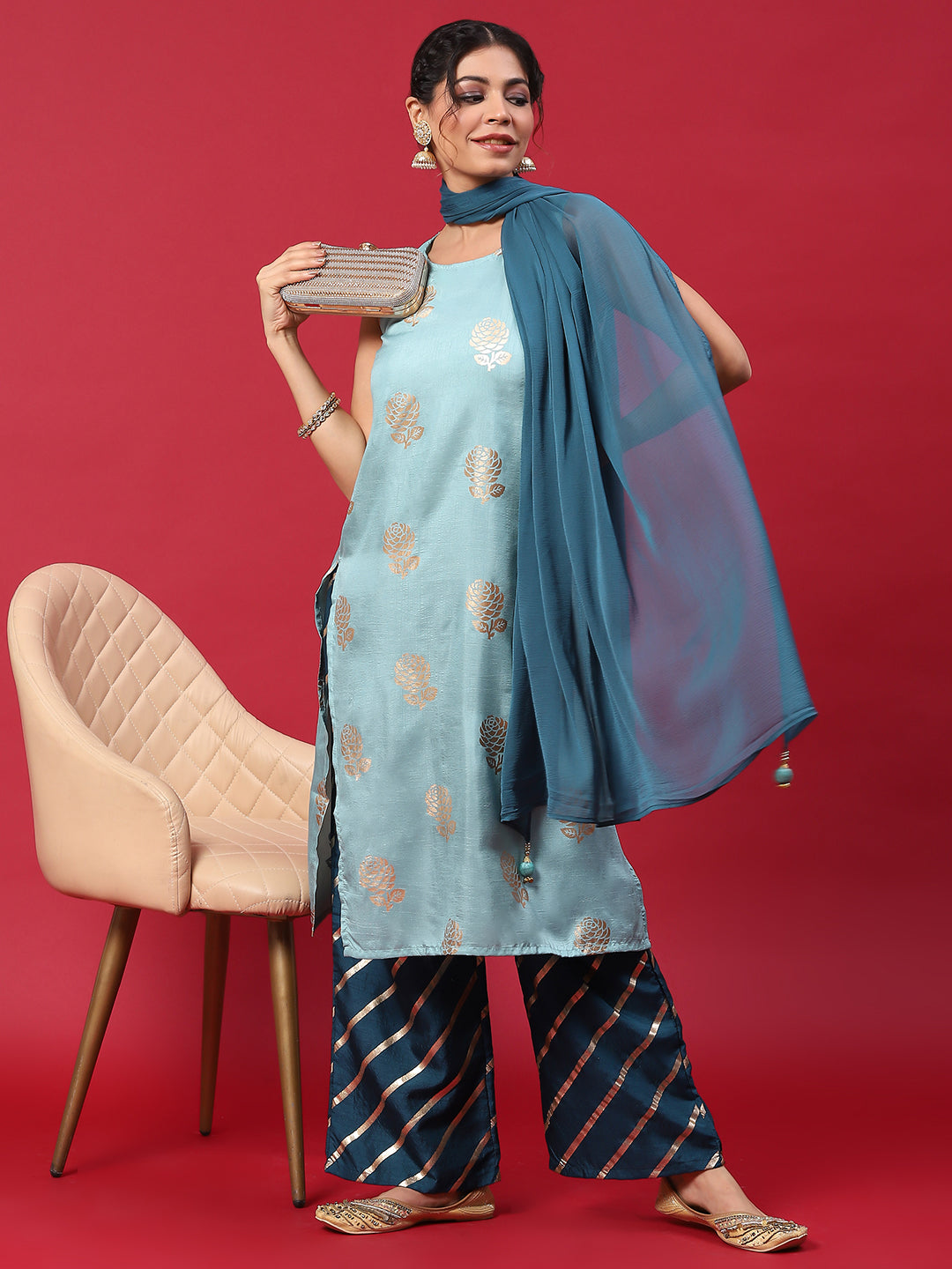 Blue Gold Printed Kurta Palazzo With Dupatta