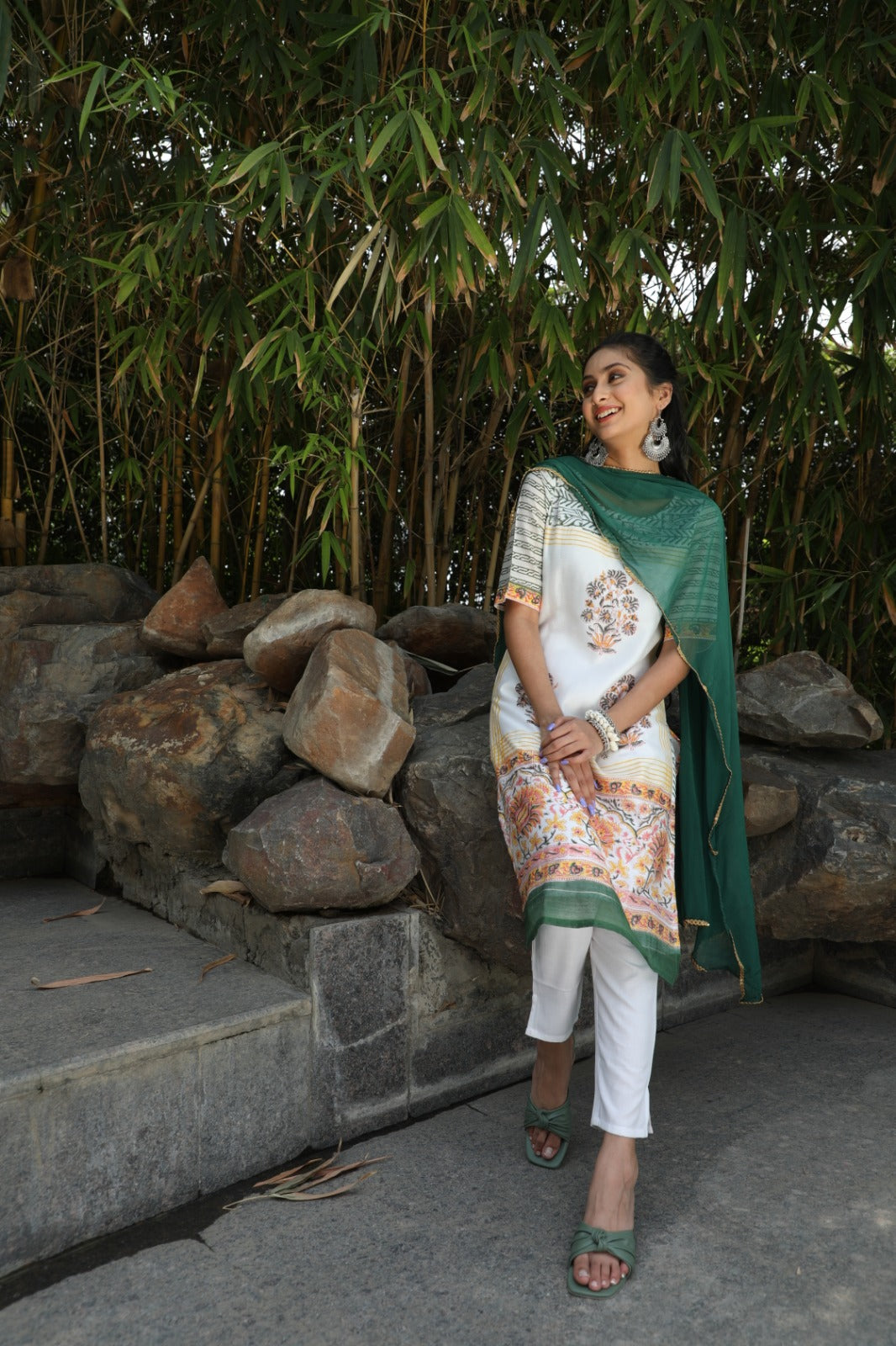 White Block Printed Kurta Pant With Dupatta