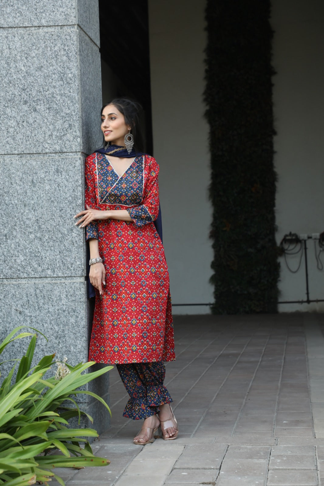 Red Patola Print Kurta Pant With Dupatta