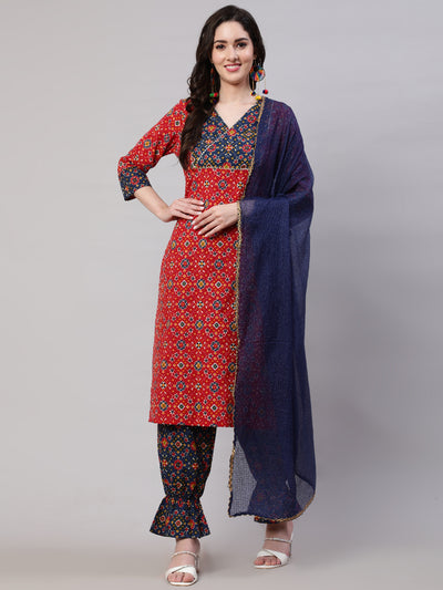 Red Patola Print Kurta Pant With Dupatta