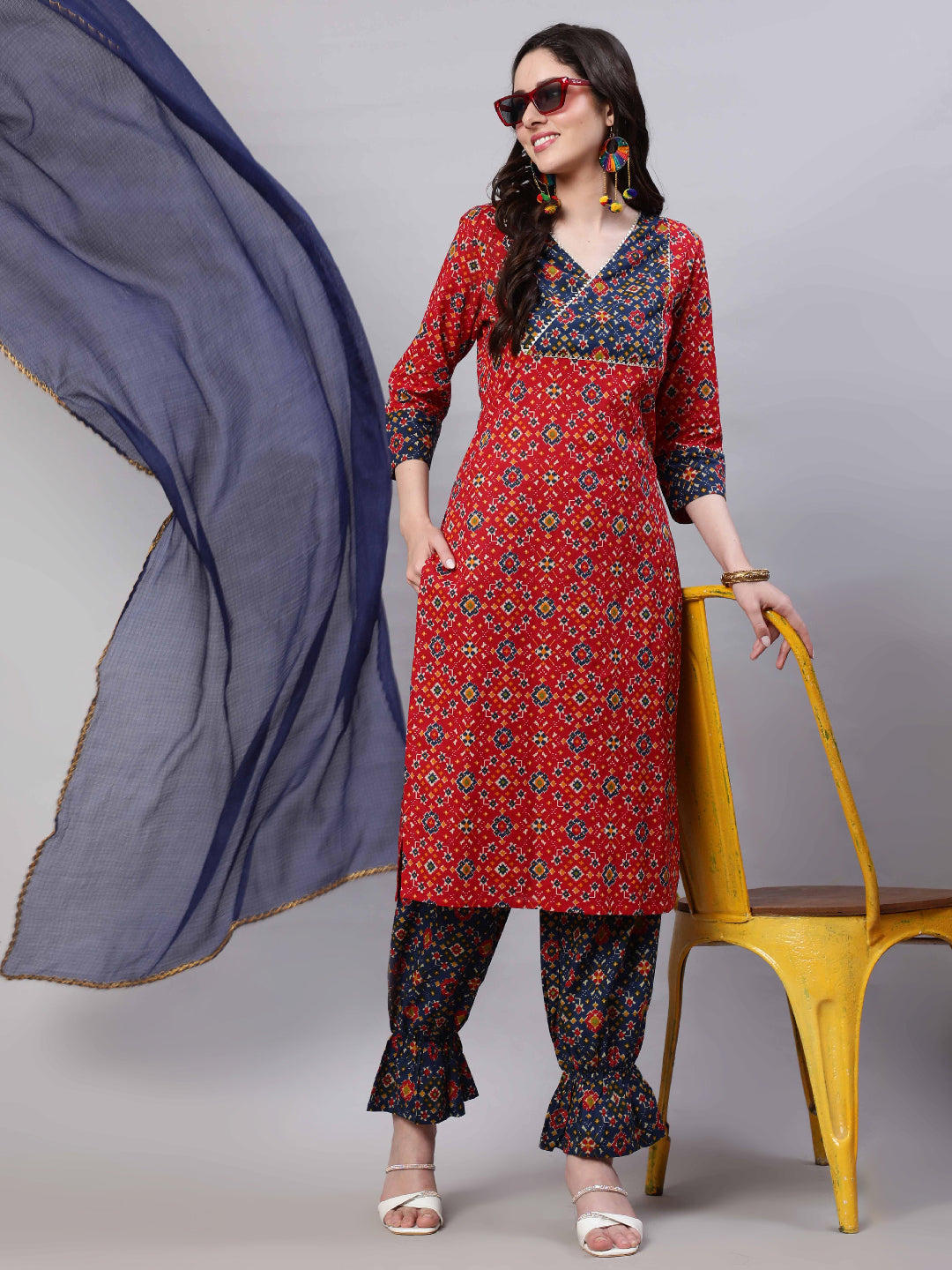 Red Patola Print Kurta Pant With Dupatta