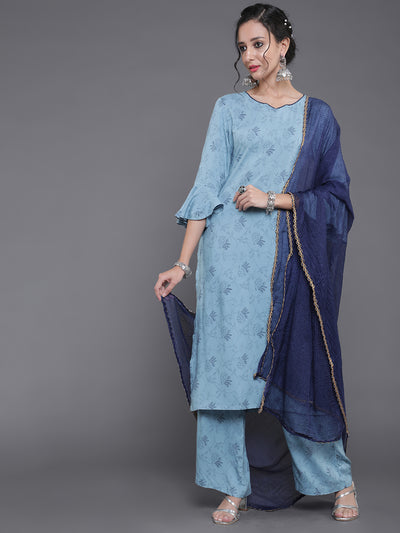 Blue Printed Kurta Palazzo With Dupatta