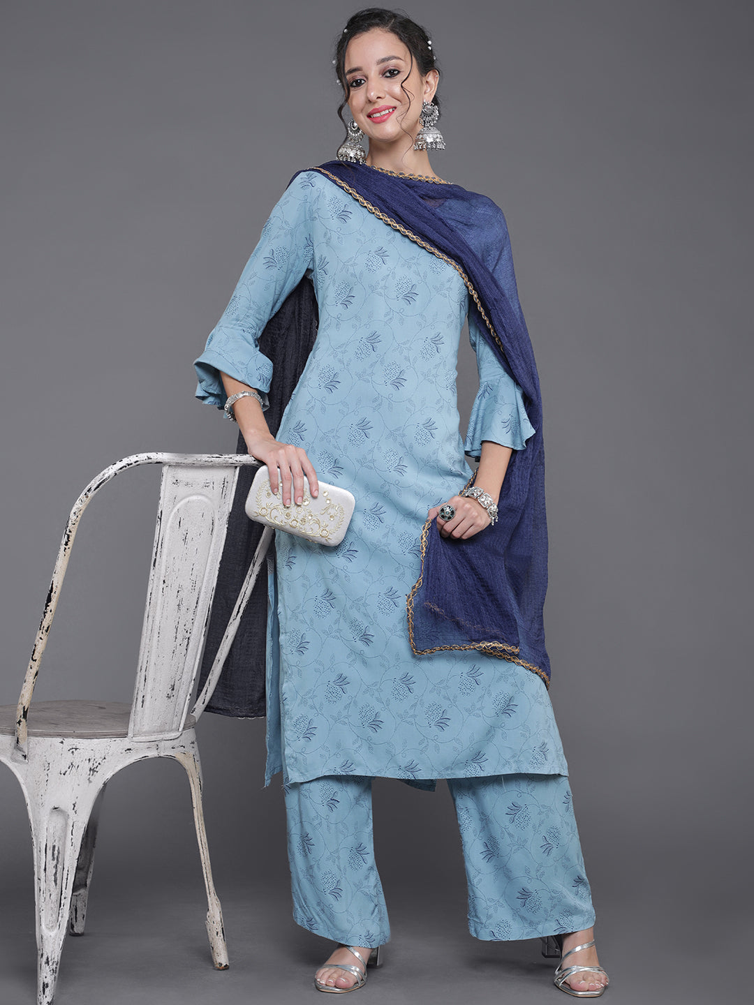 Blue Printed Kurta Palazzo With Dupatta