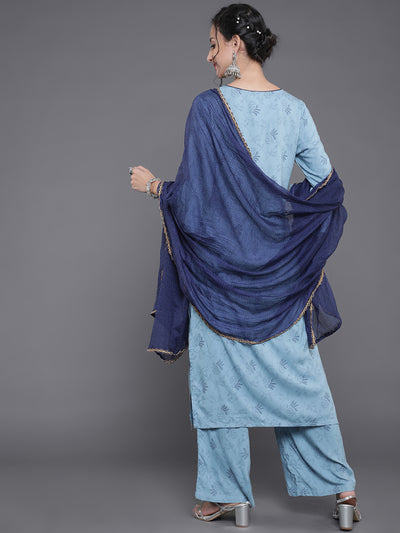 Blue Printed Kurta Palazzo With Dupatta