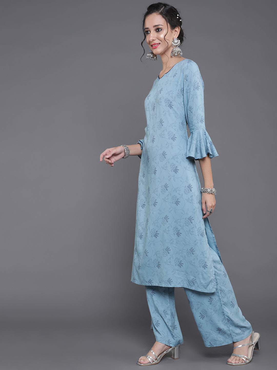 Blue Printed Kurta Palazzo With Dupatta