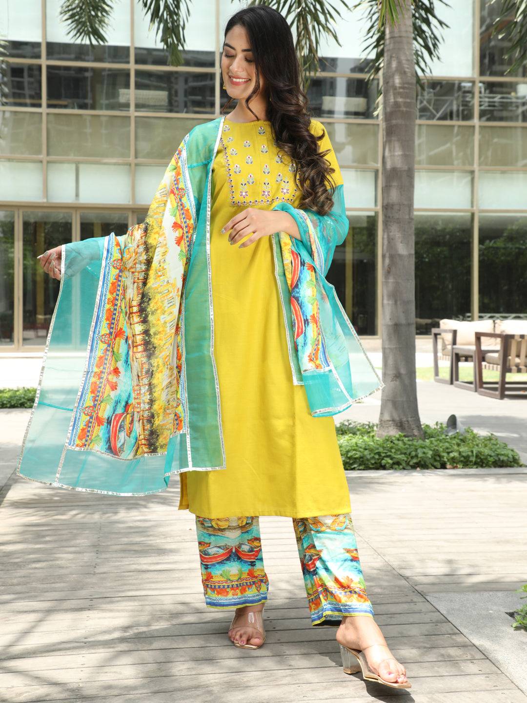 Yellow Embroidered Kurta Palazzo With Dupatta