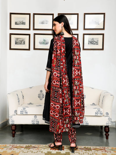 Black Embroidered Anarkali Pant With Dupatta