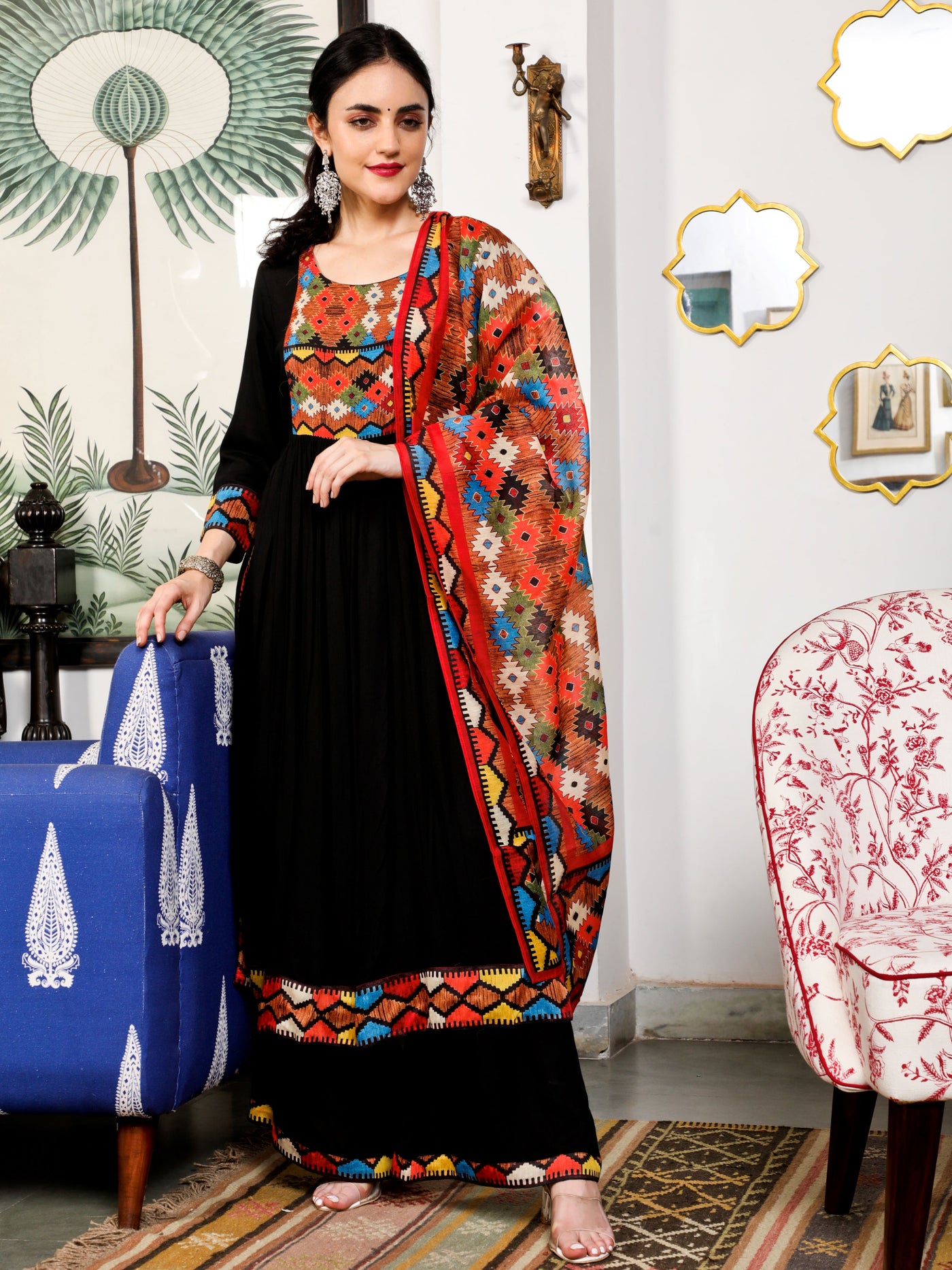 Black Printed Kurta Palazzo With Dupatta