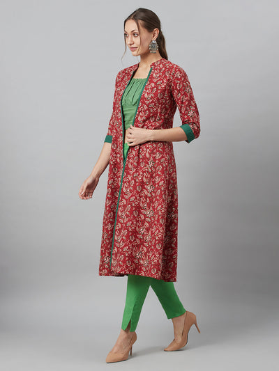 Maroon Floral Print Kantha Work A-Line Jacket