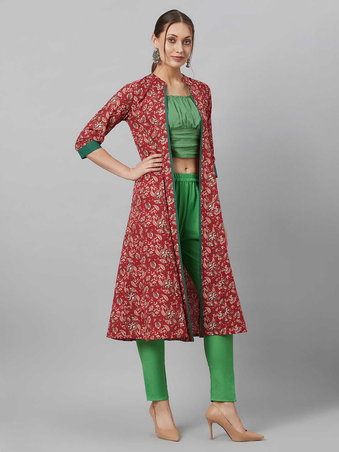 Maroon Floral Print Kantha Work A-Line Jacket