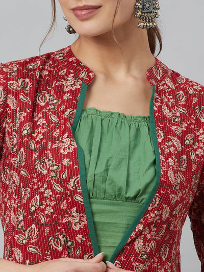 Maroon Floral Print Kantha Work A-Line Jacket