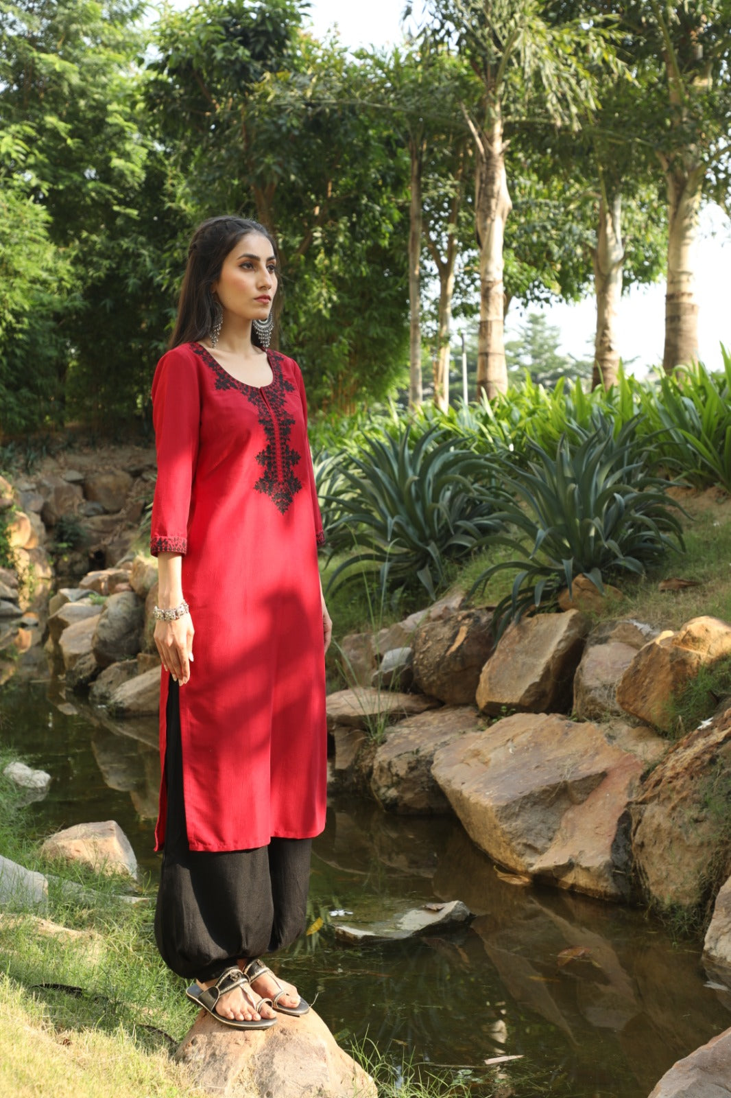 Red Embroidered Straight Kurta