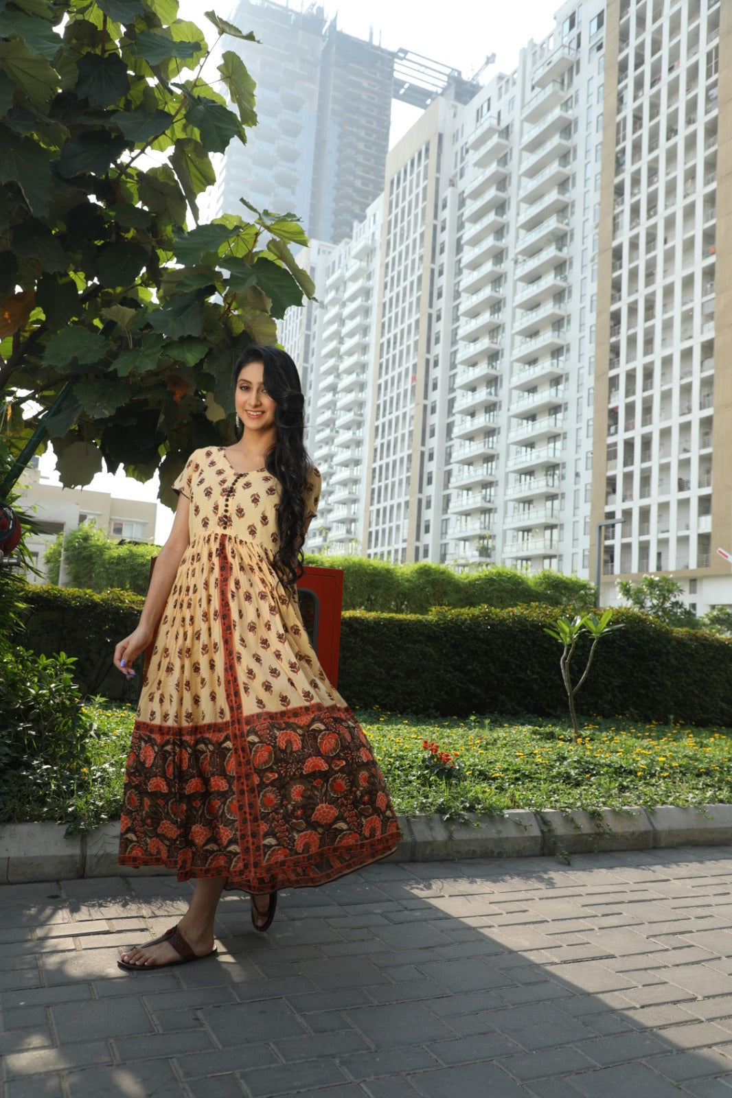 Cream Floral Print Gathered Dress