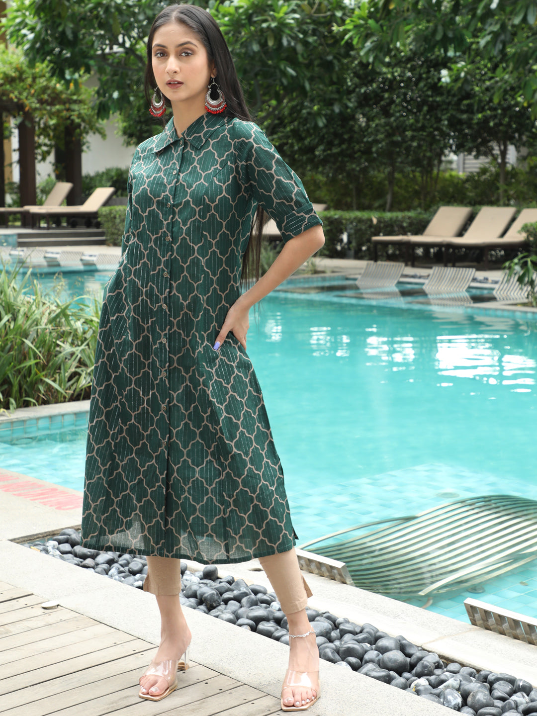 Green Printed Lurex Design A-line Kurta