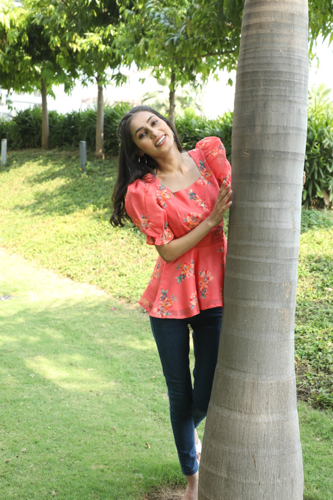 Coral Floral Print Top