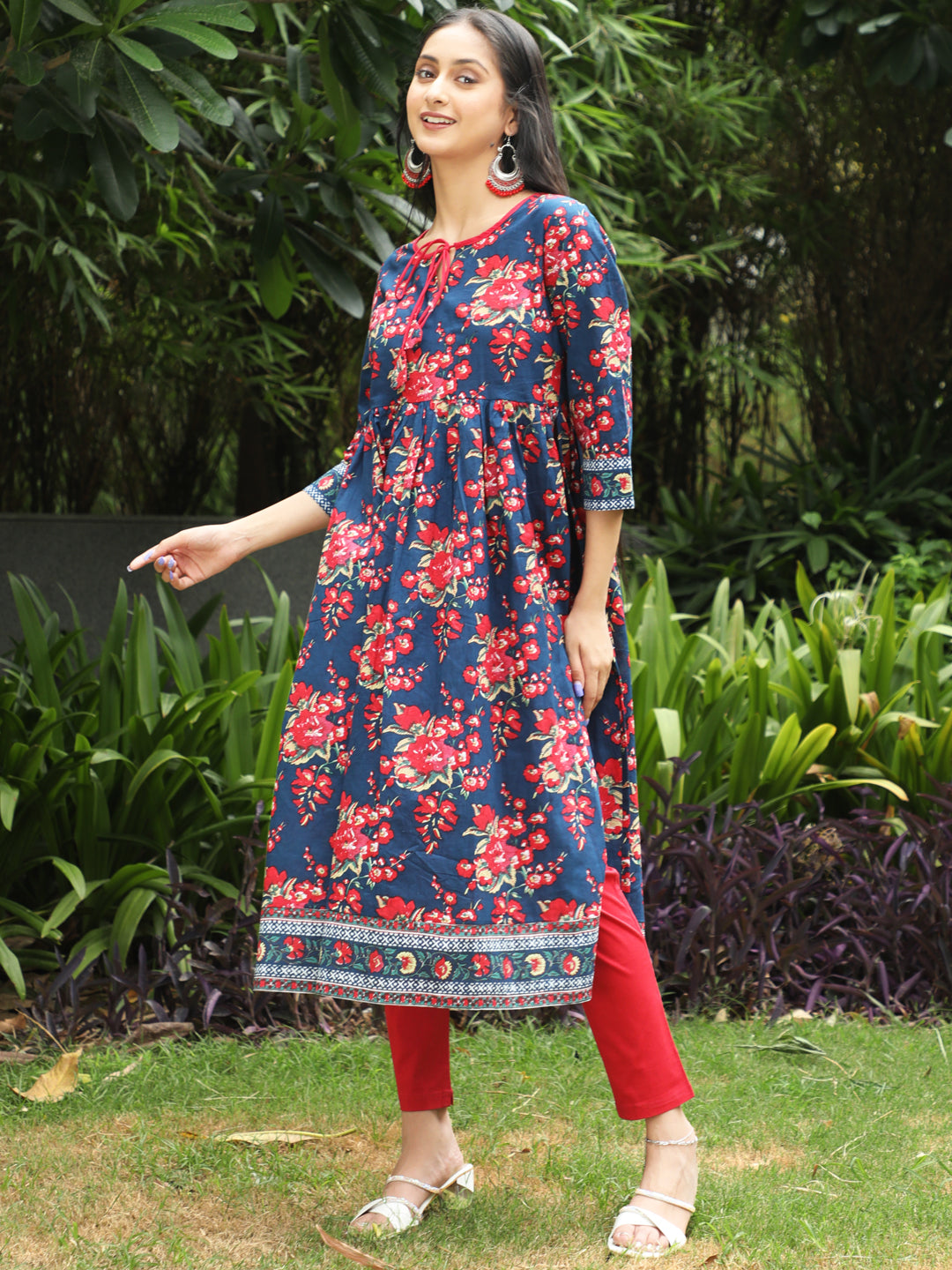 Blue Floral Print Gathered Kurta