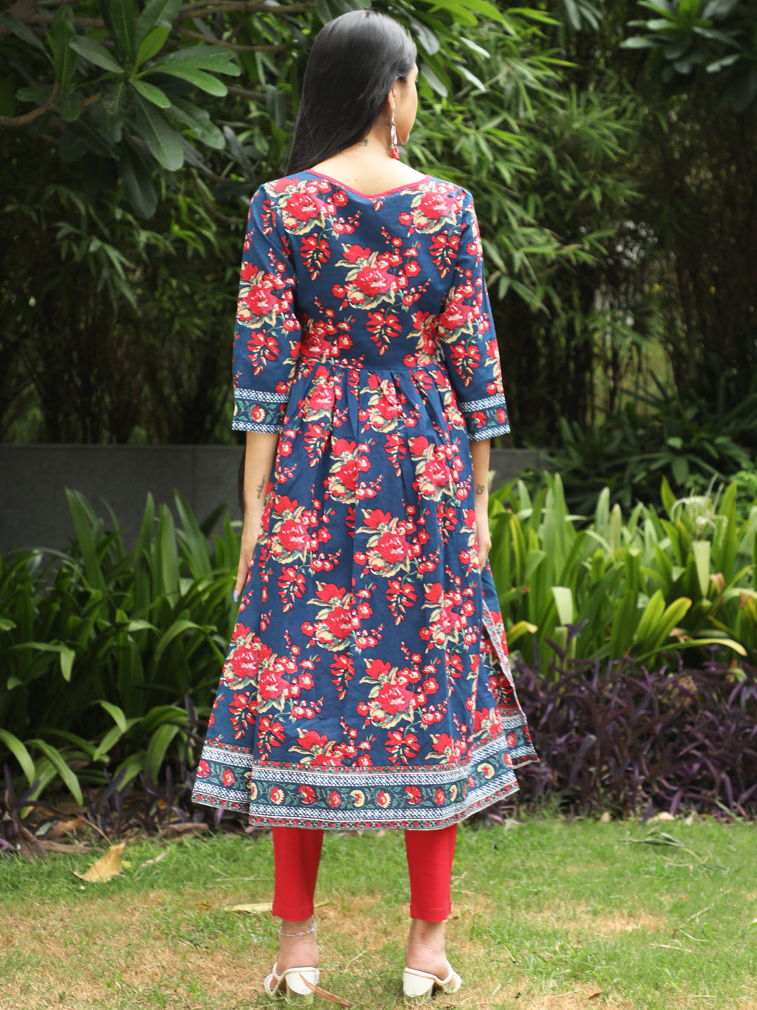 Blue Floral Print Gathered Kurta