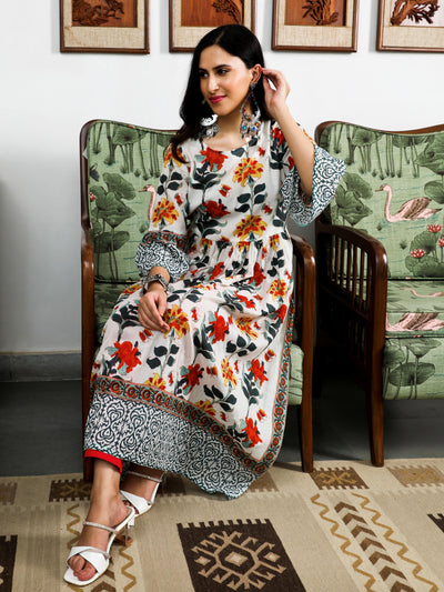 White Floral Print Gathered Kurta