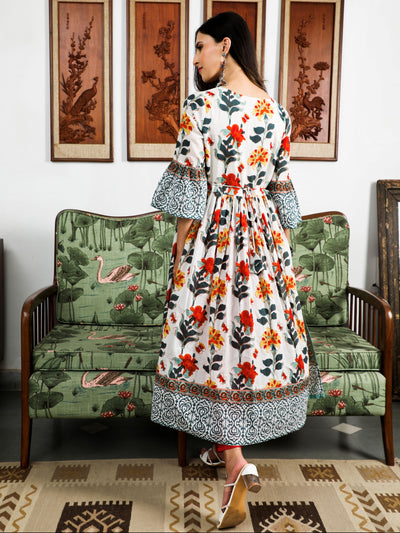 White Floral Print Gathered Kurta