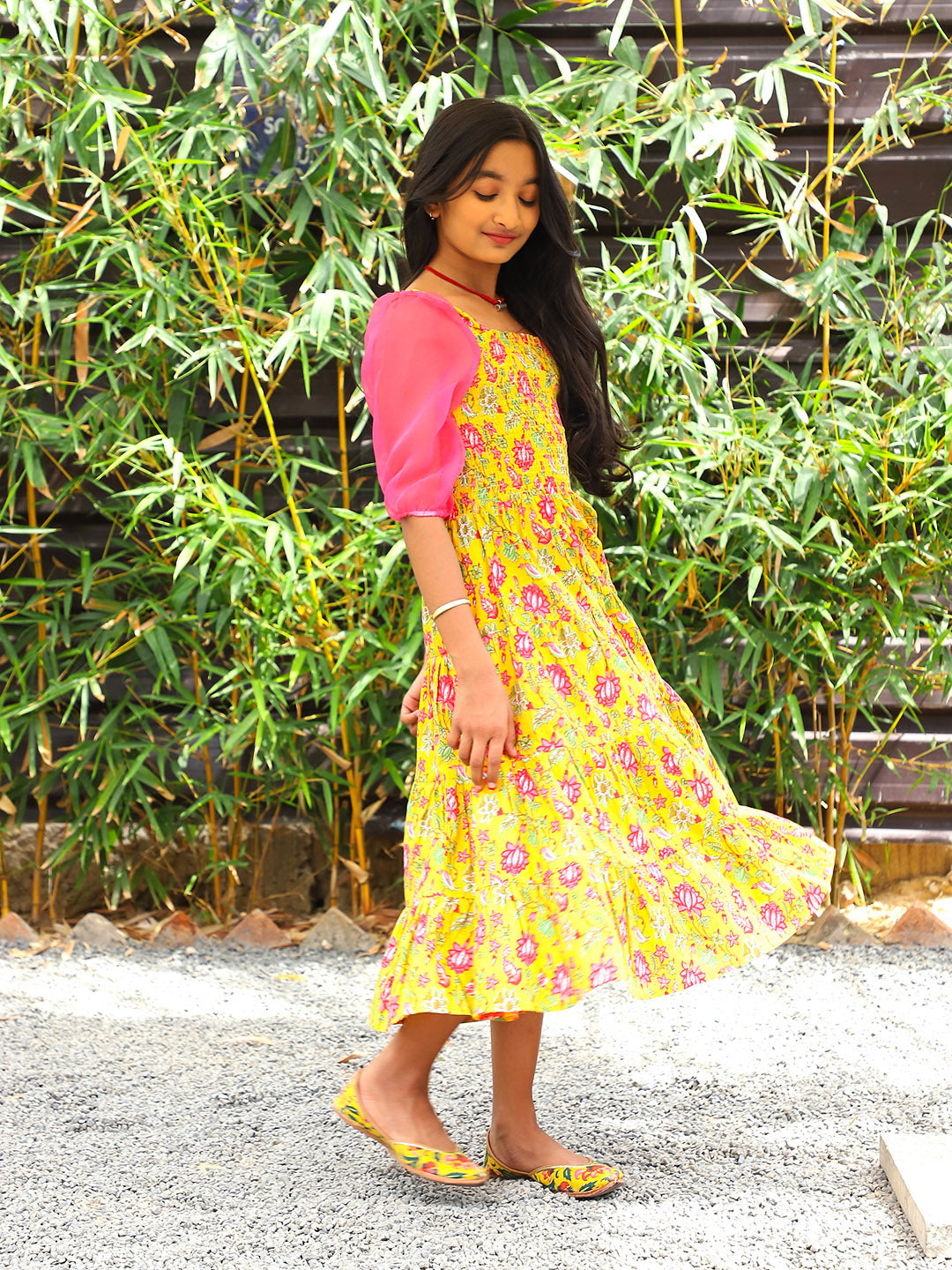 Yellow tiered Midi Dress