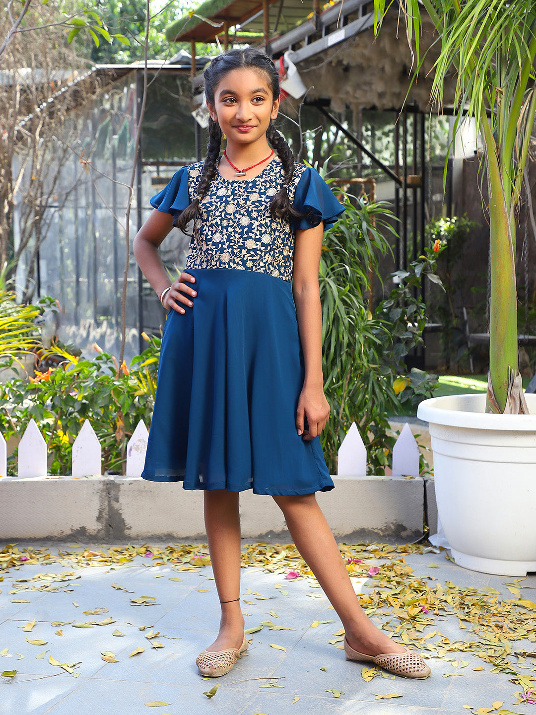 Blue Embroidered Flared dress