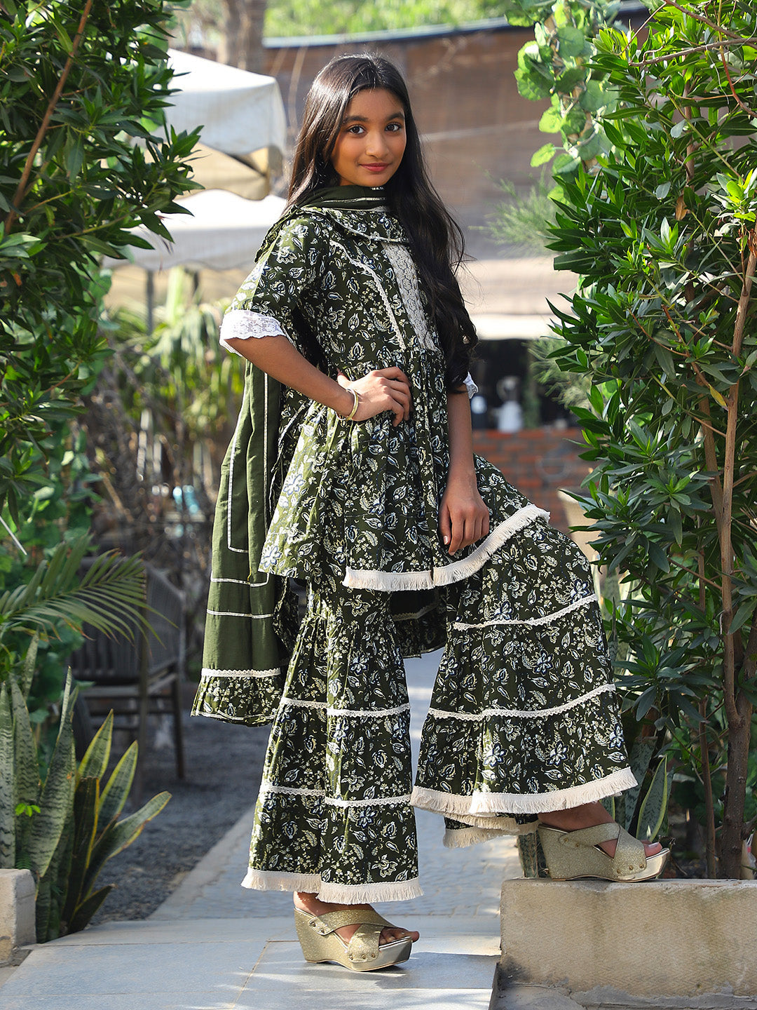 Emerald Green Kurta Tiered Sharara Set