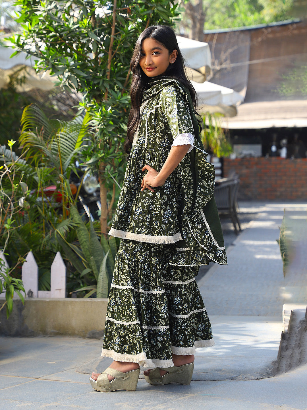 Emerald Green Kurta Tiered Sharara Set