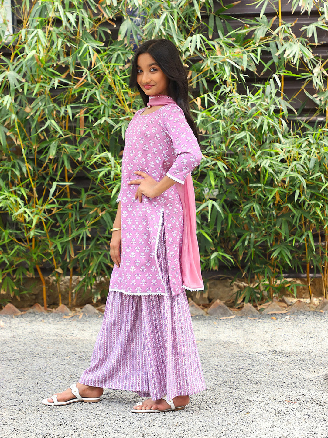 Pink Printed Cotton Kurta and Sharara with dupatta