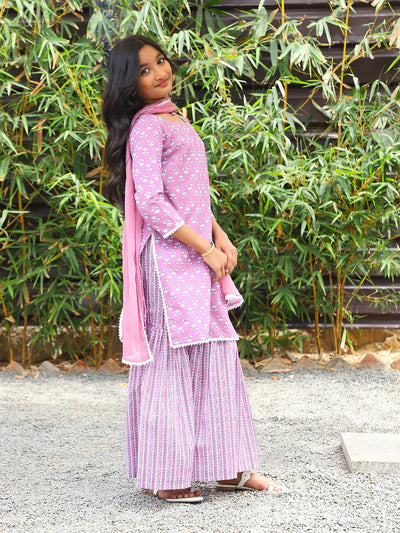 Pink Printed Cotton Kurta and Sharara with dupatta