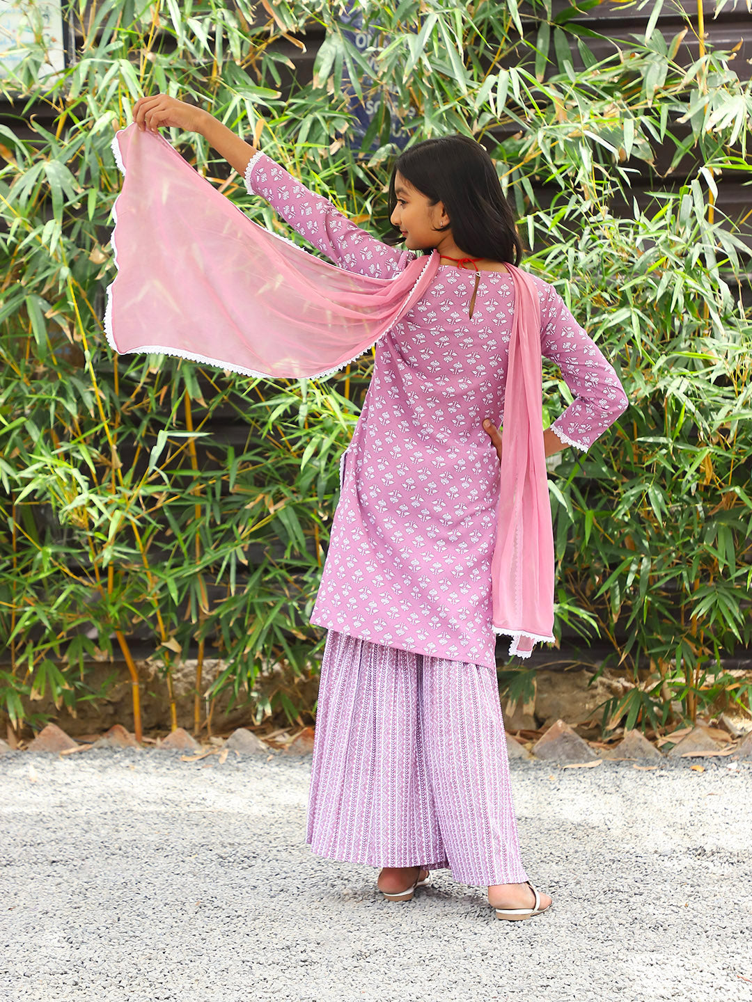 Pink Printed Cotton Kurta and Sharara with dupatta