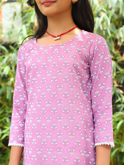 Pink Printed Cotton Kurta and Sharara with dupatta