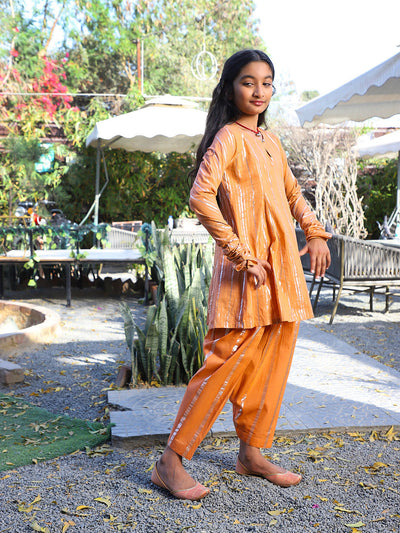 Orange Lurex Pakistani Kurta Patiala