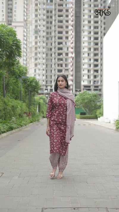 Maroon Floral Print Kurta Palazzo With Dupatta