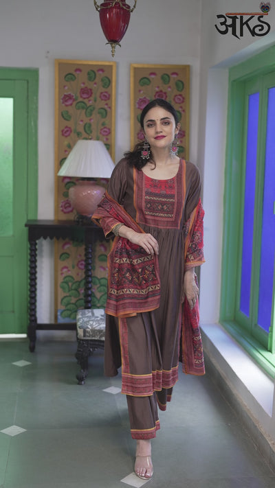 Brown Printed Nyra-Cut Kurta Palazzo With Dupatta