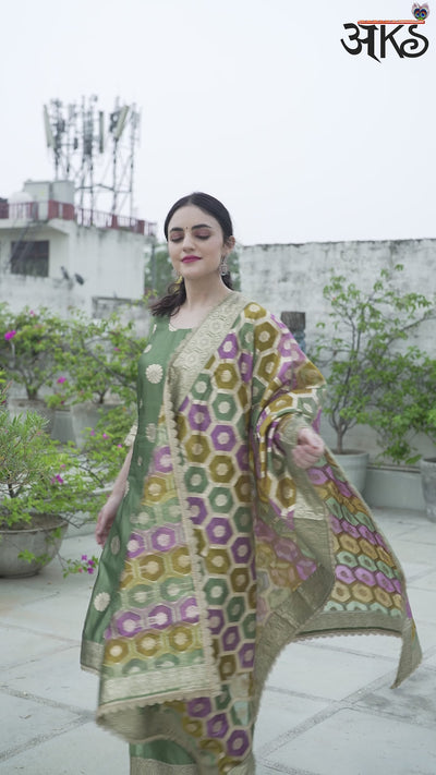 Olive Embellished Kurta Palazzo With Dupatta