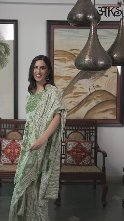 Green Printed Kurta Sharara With Dupatta