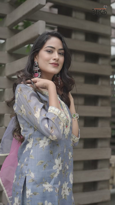 Grey Floral Print Kurta Palazzo With Dupatta